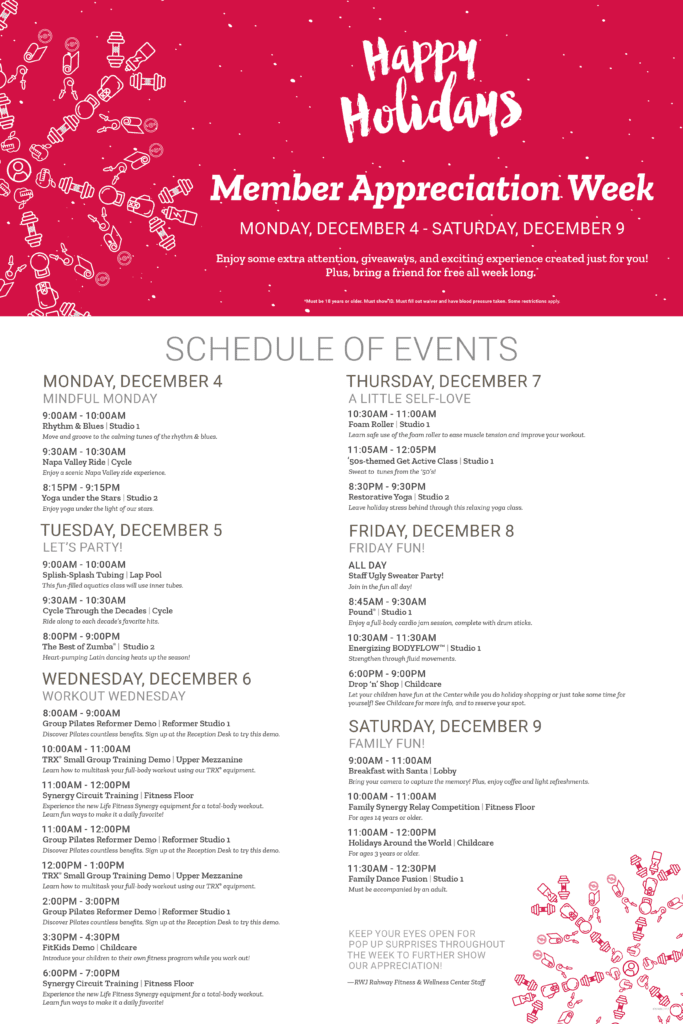 Schedule for RWJ Rahway Fitness & Wellness Center Member Appreciation Week 2017